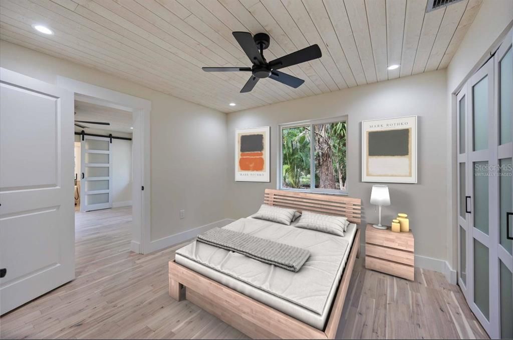 Bedroom, Interior, Recessed Lighting, Wood Texture Flooring
