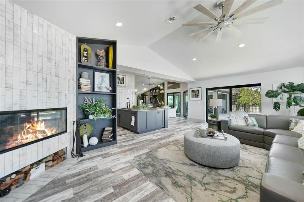 Fireplace, Interior, Living room, Recessed Lighting, Wood Texture Flooring