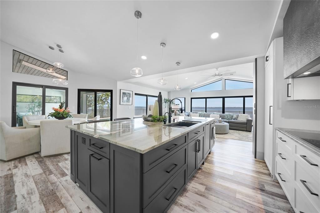 Dining room, Interior, Kitchen, Living room, Pendant Lights, Recessed Lighting, Water, Wood Texture Flooring