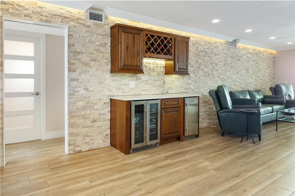Interior, Recessed Lighting, Stone Walls, Wood Texture Flooring