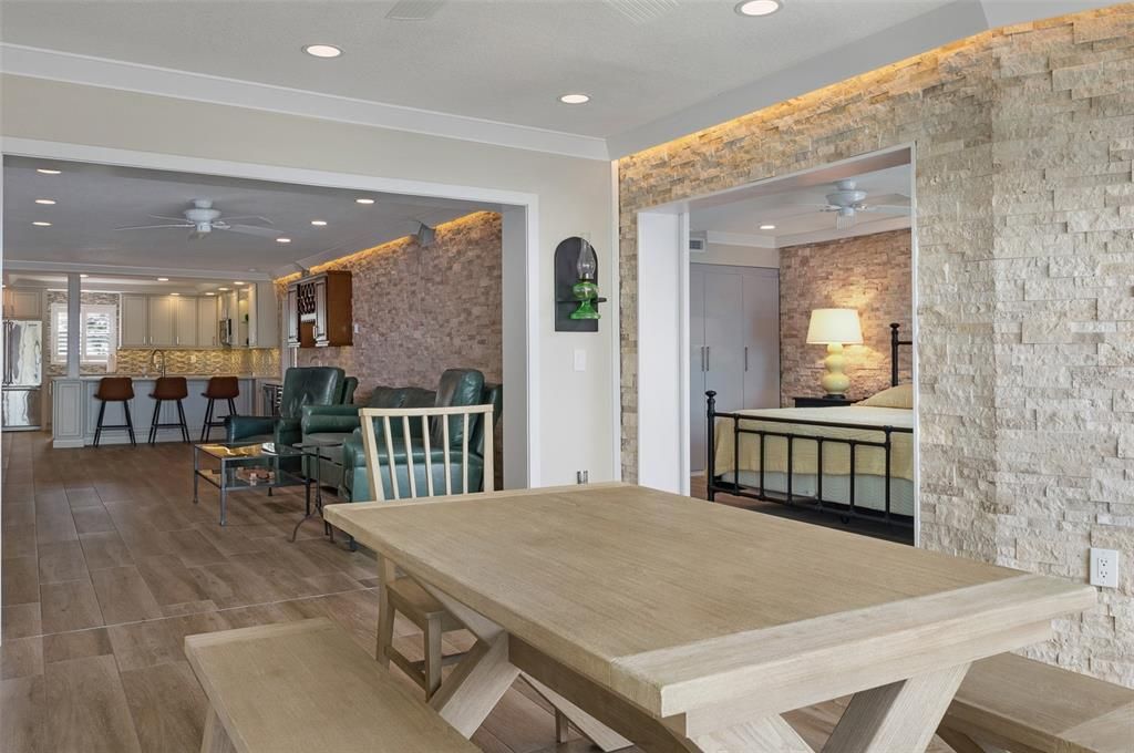 Dining room, Interior, Recessed Lighting, Stone Walls, Wood Texture Flooring