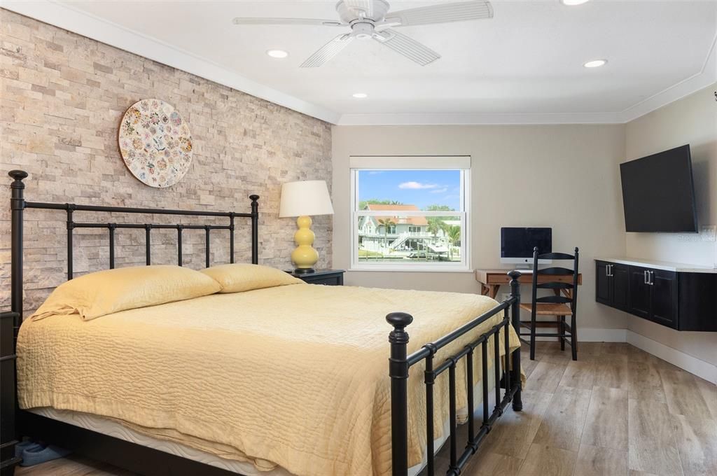 Bedroom, Interior, Recessed Lighting, Stone Walls, Wood Texture Flooring