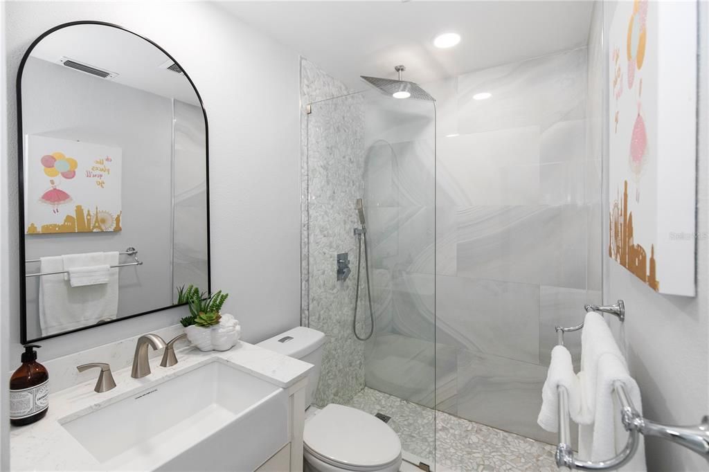 Bathroom, Glass Shower, Interior, Marble Walls, Recessed Lighting