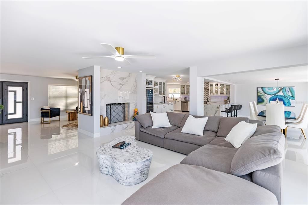 Dining room, Fireplace, Interior, Kitchen, Living room, Marble Walls, Recessed Lighting