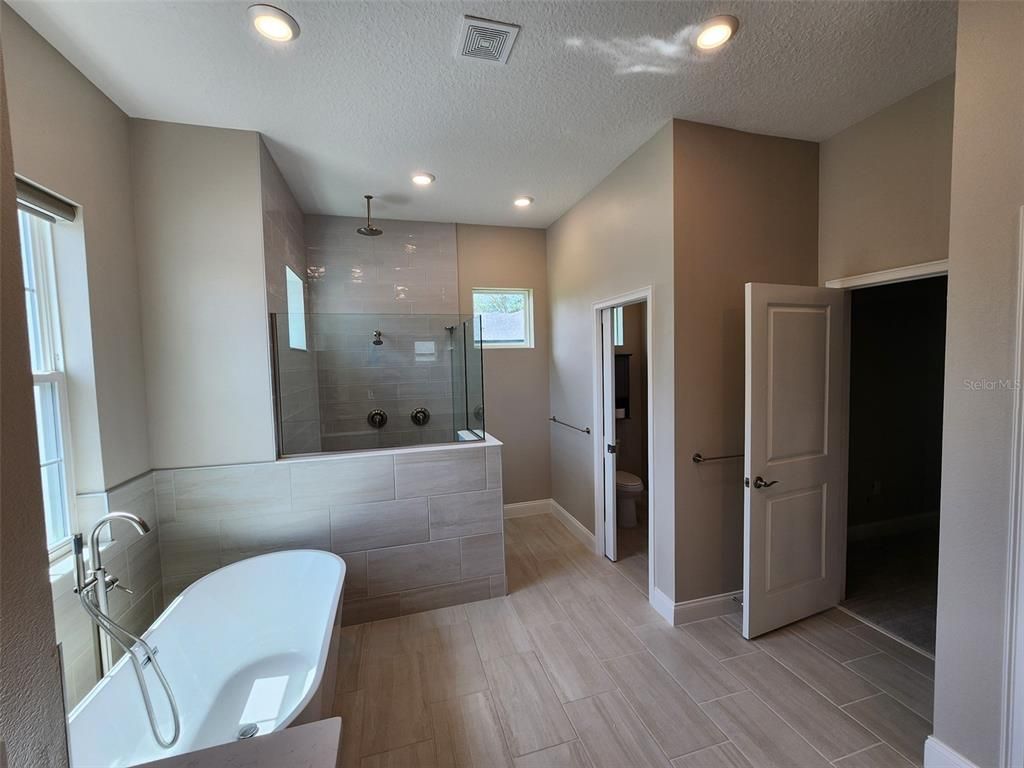 Bathroom, Glass Shower, Interior, Recessed Lighting, Wood Texture Flooring