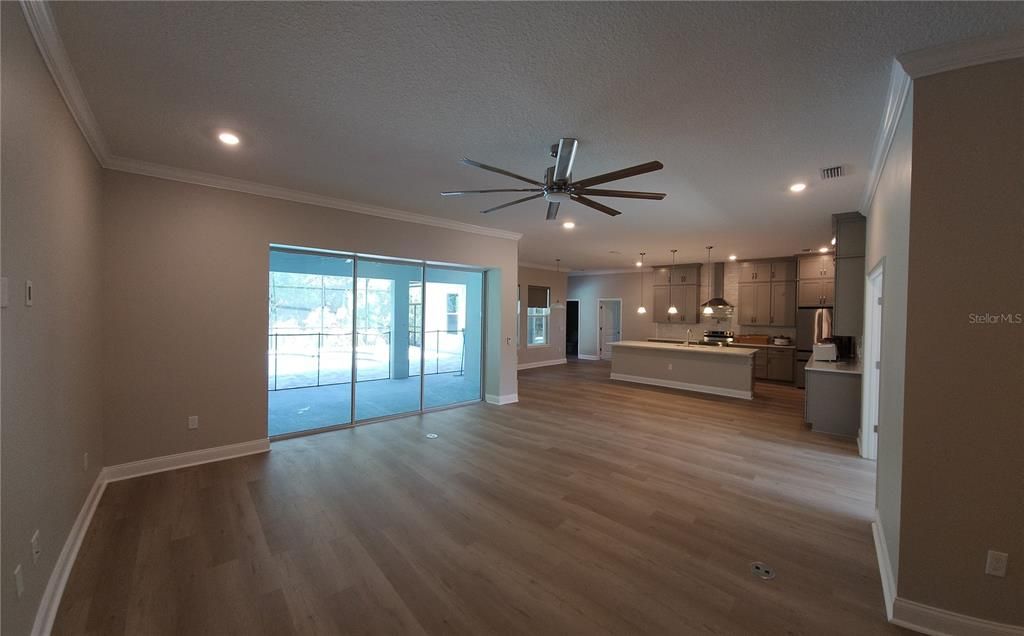 Empty room, Interior, Kitchen, Pendant Lights, Recessed Lighting, Wood Texture Flooring