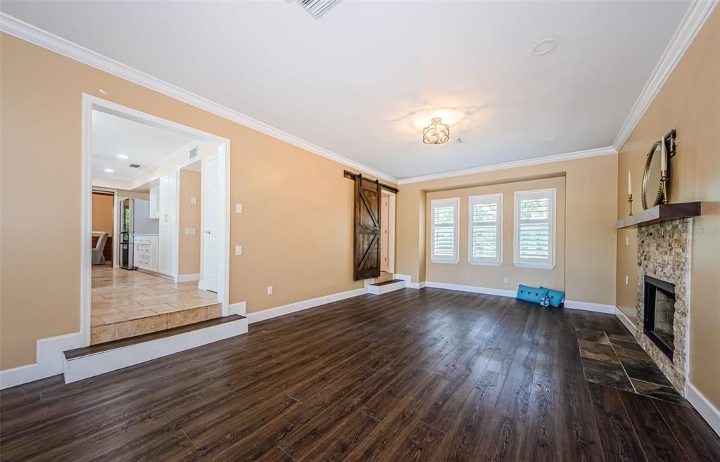 Empty room, Fireplace, Interior, Recessed Lighting, Wood Texture Flooring