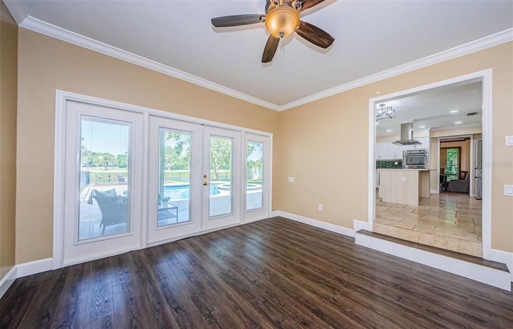 Empty room, Interior, Kitchen, Recessed Lighting, Wood Texture Flooring
