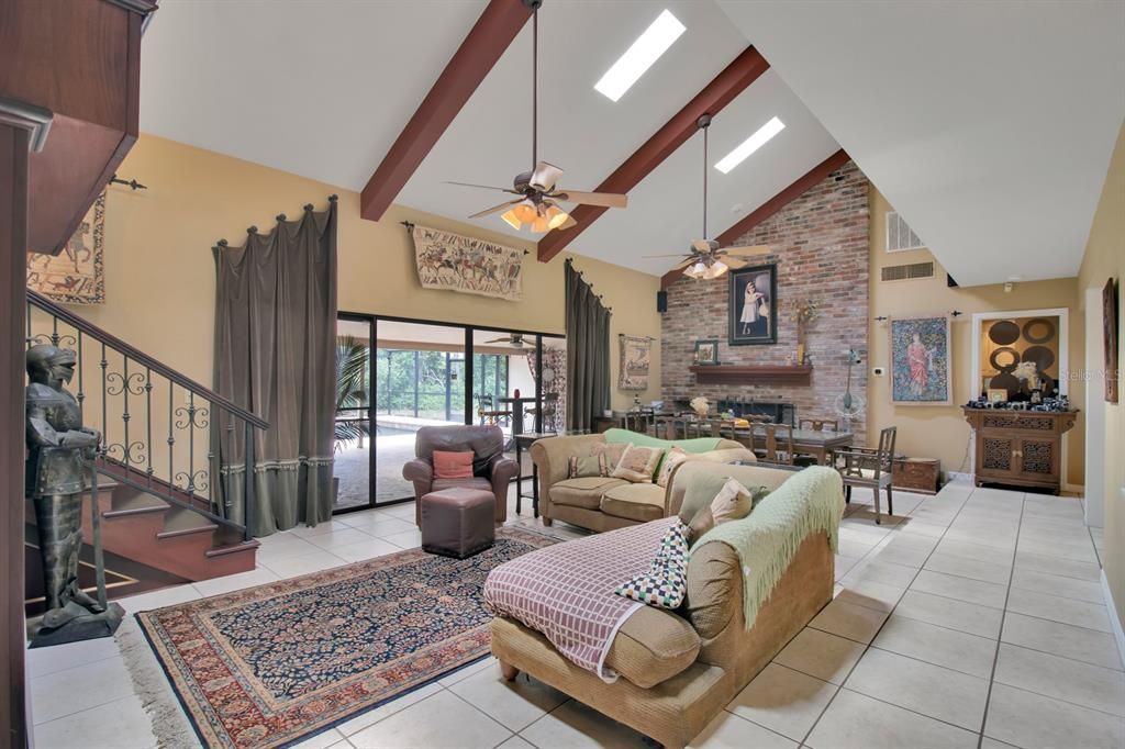 Dining room, Fireplace, Interior, Living room, Stone Walls, Wooden Beams