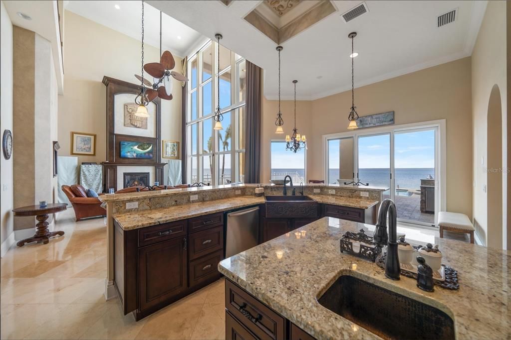 Fireplace, Interior, Kitchen, Living room, Pendant Lights, Recessed Lighting, Water