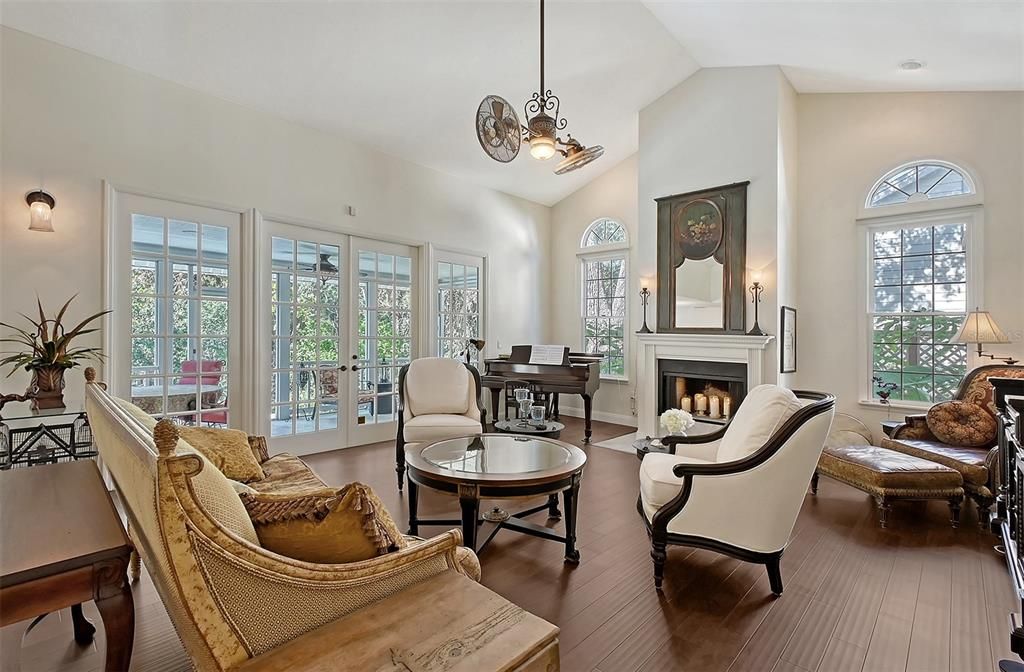 Fireplace, Interior, Living room, Pendant Lights, Piano, Wood Texture Flooring