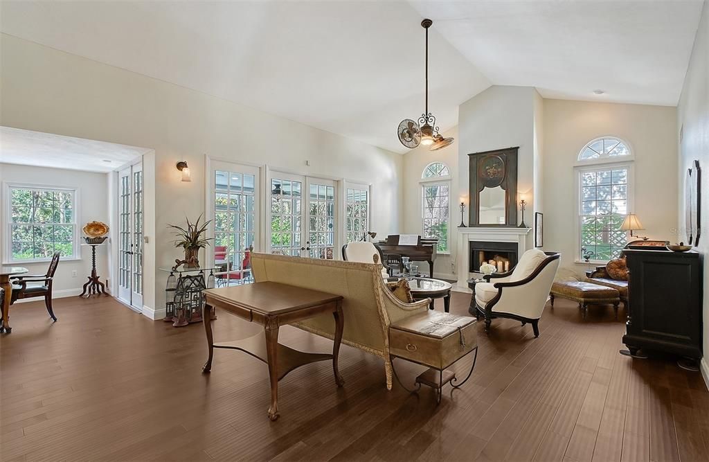 Dining room, Fireplace, Interior, Living room, Pendant Lights, Wood Texture Flooring