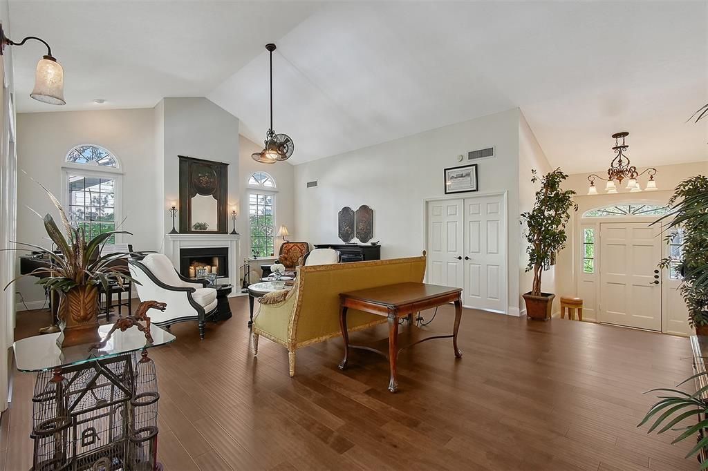 Fireplace, Interior, Living room, Pendant Lights, Wood Texture Flooring