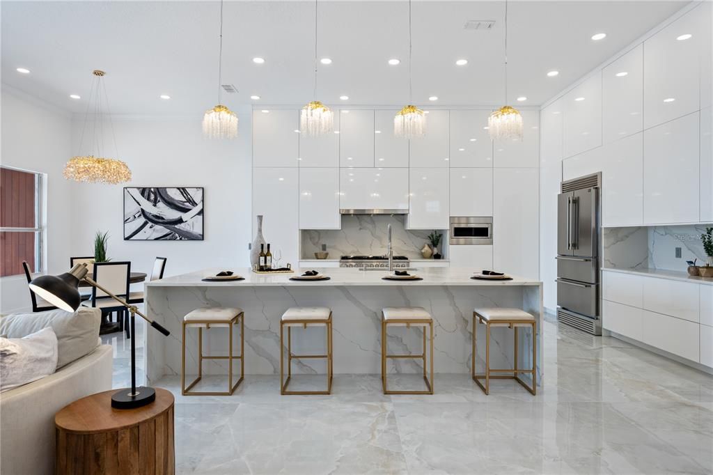Dining room, Interior, Kitchen, Marble, Pendant Lights, Recessed Lighting, Stainless Steel Appliances