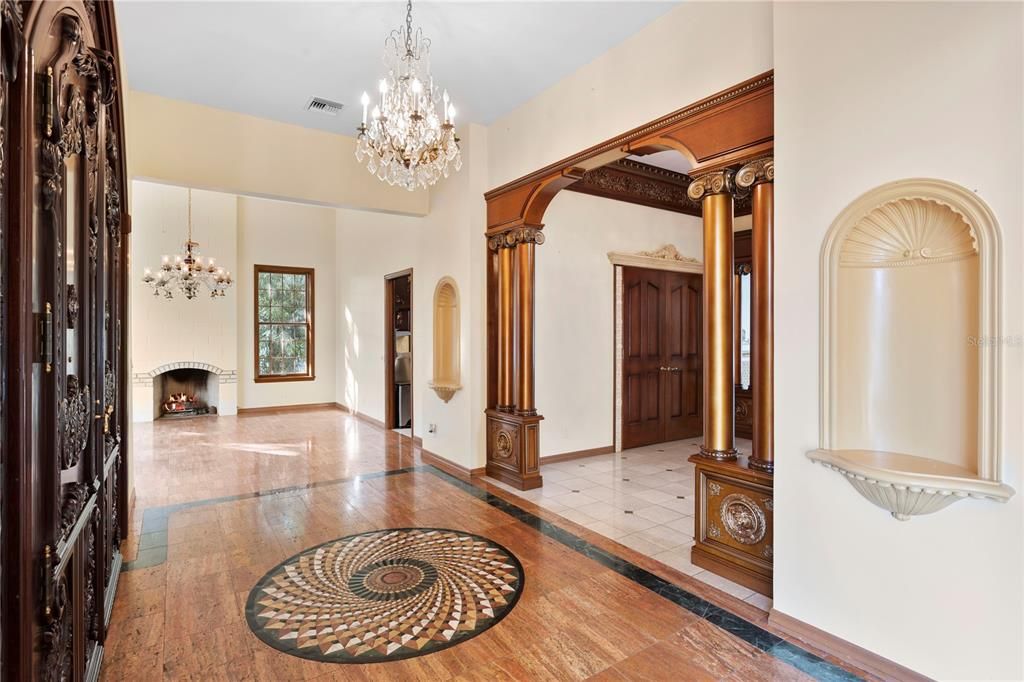 Chandelier, Fireplace, Interior