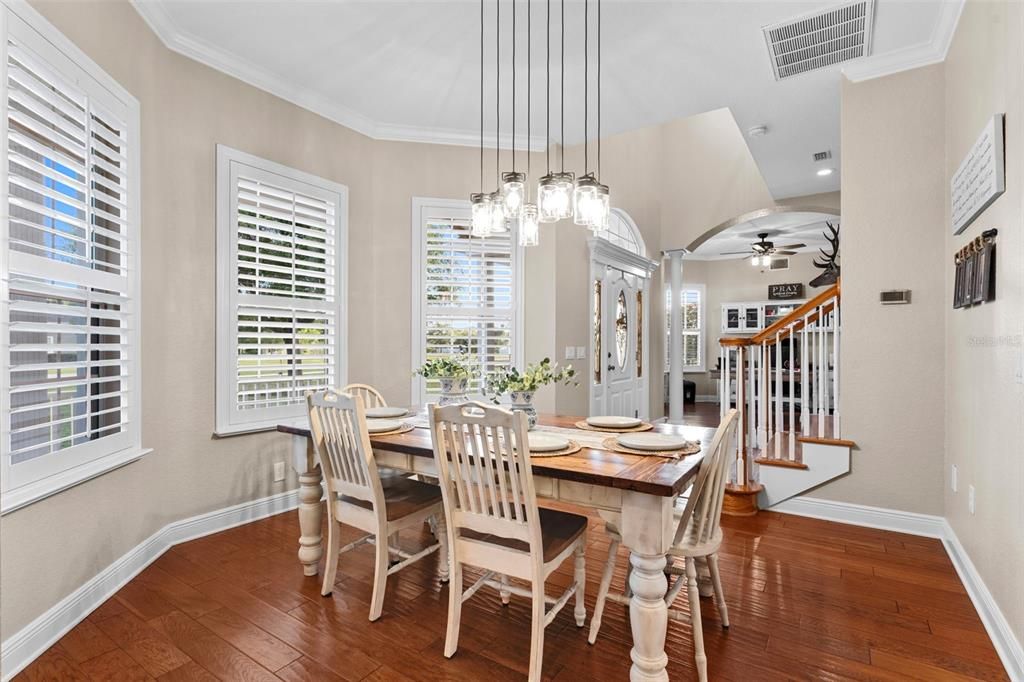 Dining room, Interior, Pendant Lights, Recessed Lighting, Wood Texture Flooring