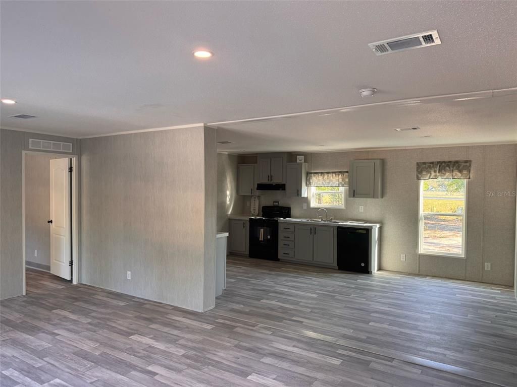 Empty room, Interior, Kitchen, Recessed Lighting, Wood Texture Flooring