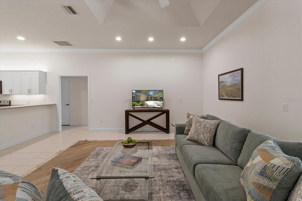 Interior, Living room, Recessed Lighting, Wood Texture Flooring