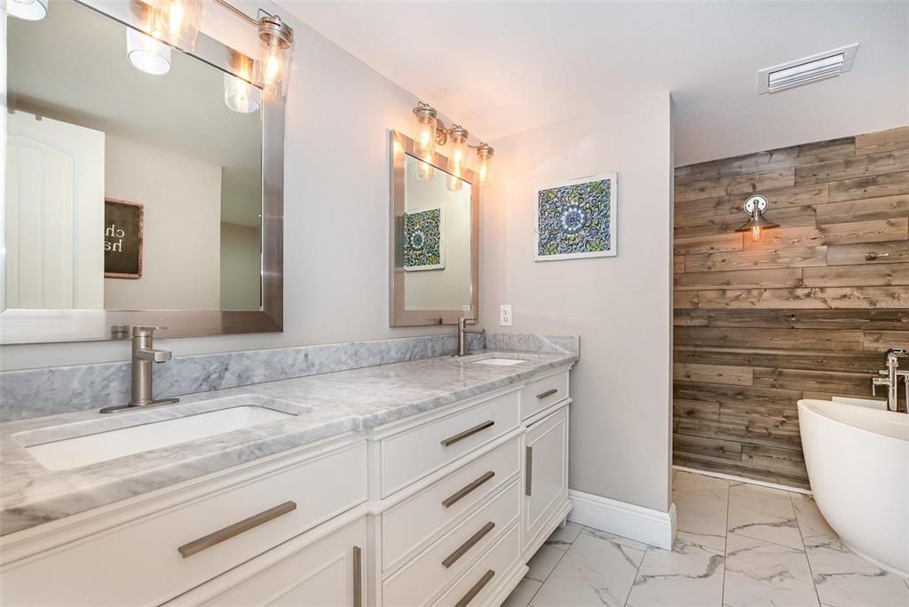 Bathroom, Dual Sink Vanities, Free Standing Baths, Interior, Marble, Wooden Walls