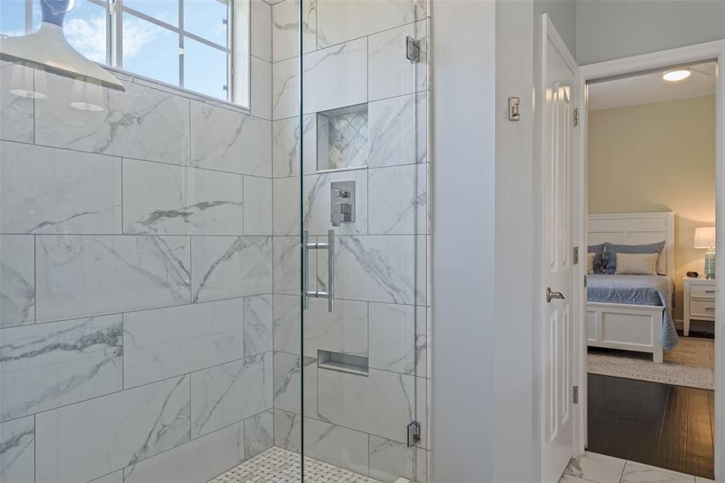 Bathroom, Bedroom, Glass Shower, Interior, Marble, Marble Walls, Recessed Lighting