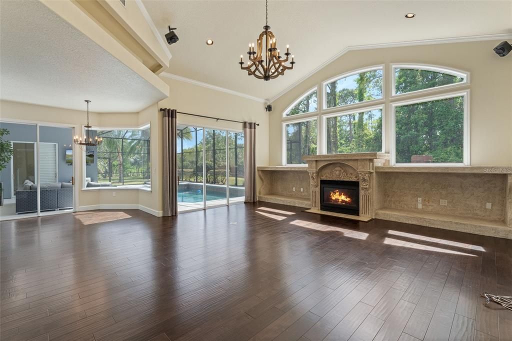 Chandelier, Empty room, Fireplace, Interior, Recessed Lighting, Wood Texture Flooring