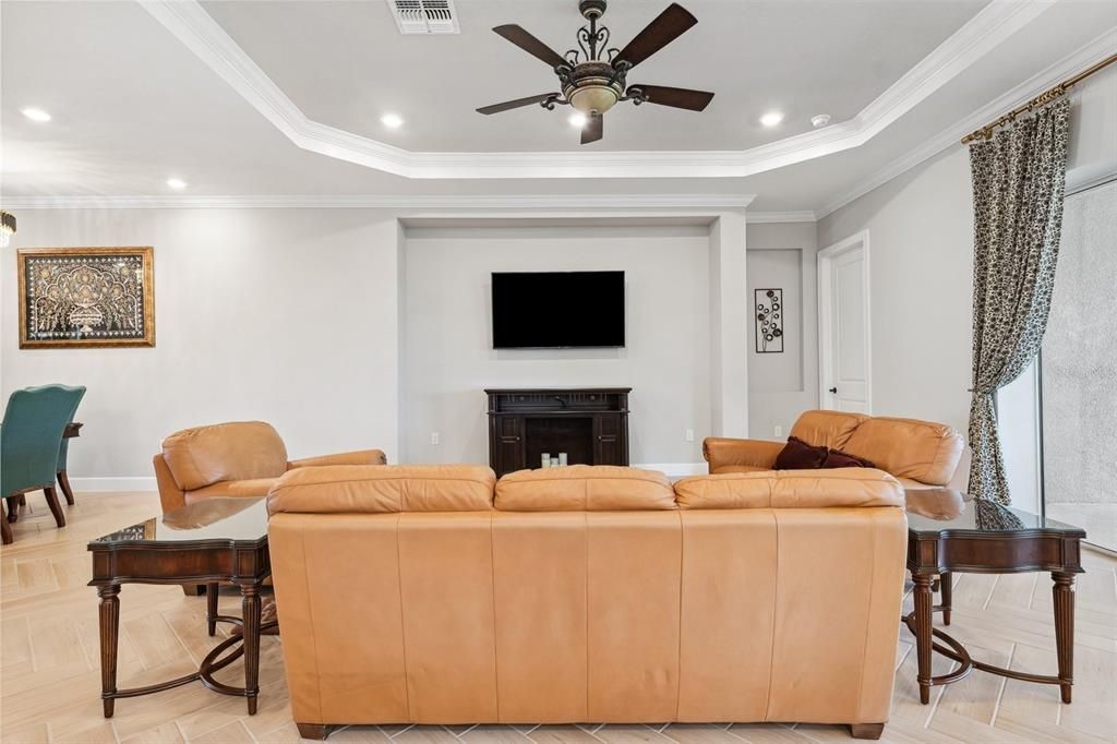 Fireplace, Interior, Living room, Recessed Lighting, Wood Texture Flooring