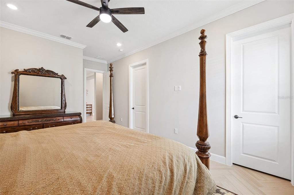 Bedroom, Interior, Recessed Lighting, Wood Texture Flooring