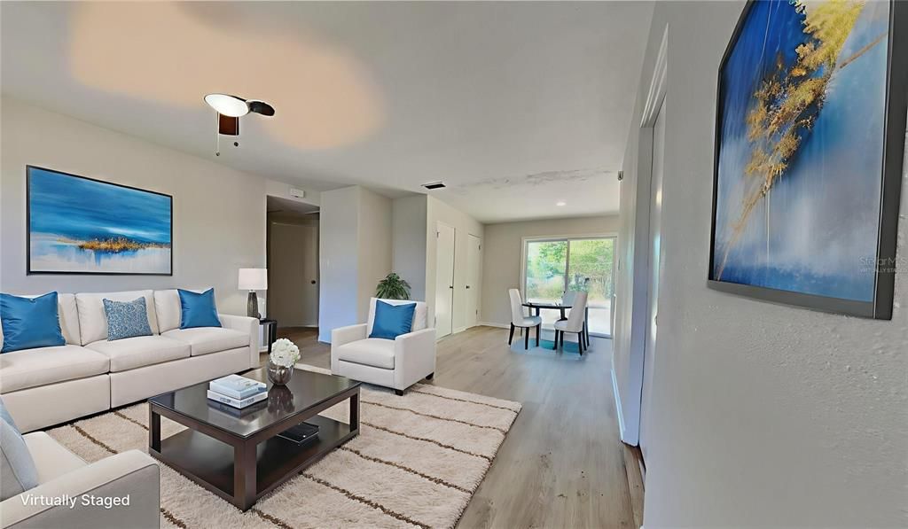 Dining room, Interior, Living room, Recessed Lighting, Wood Texture Flooring