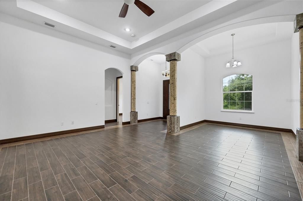 Chandelier, Empty room, Interior, Pendant Lights, Recessed Lighting, Wood Texture Flooring