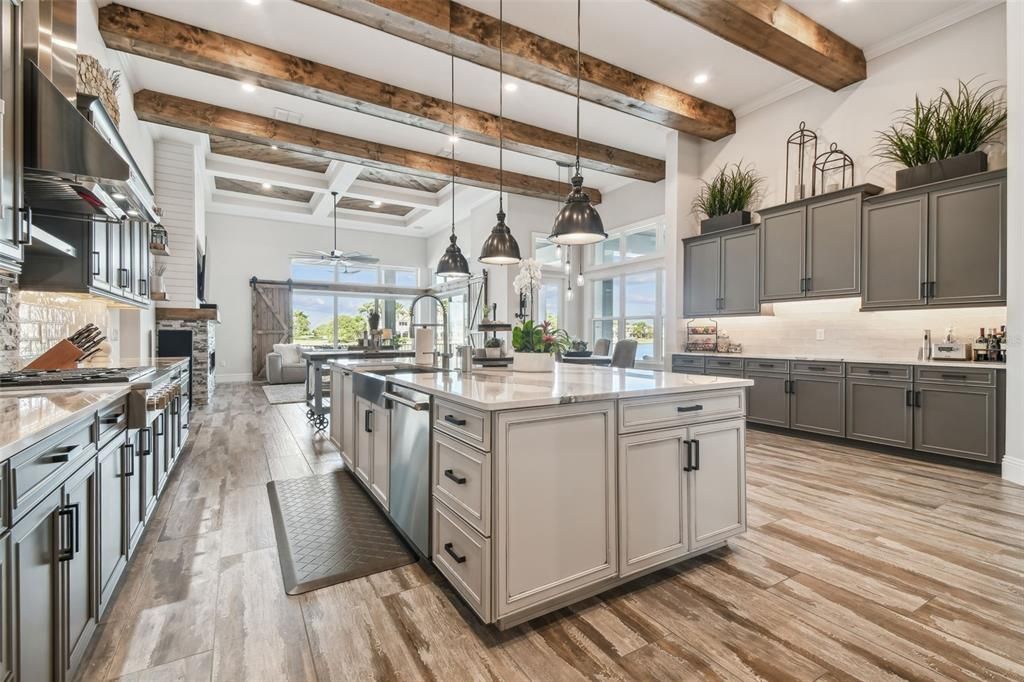 Interior, Kitchen, Pendant Lights, Recessed Lighting, Stainless Steel Appliances, Wooden Beams, Wood Texture Flooring