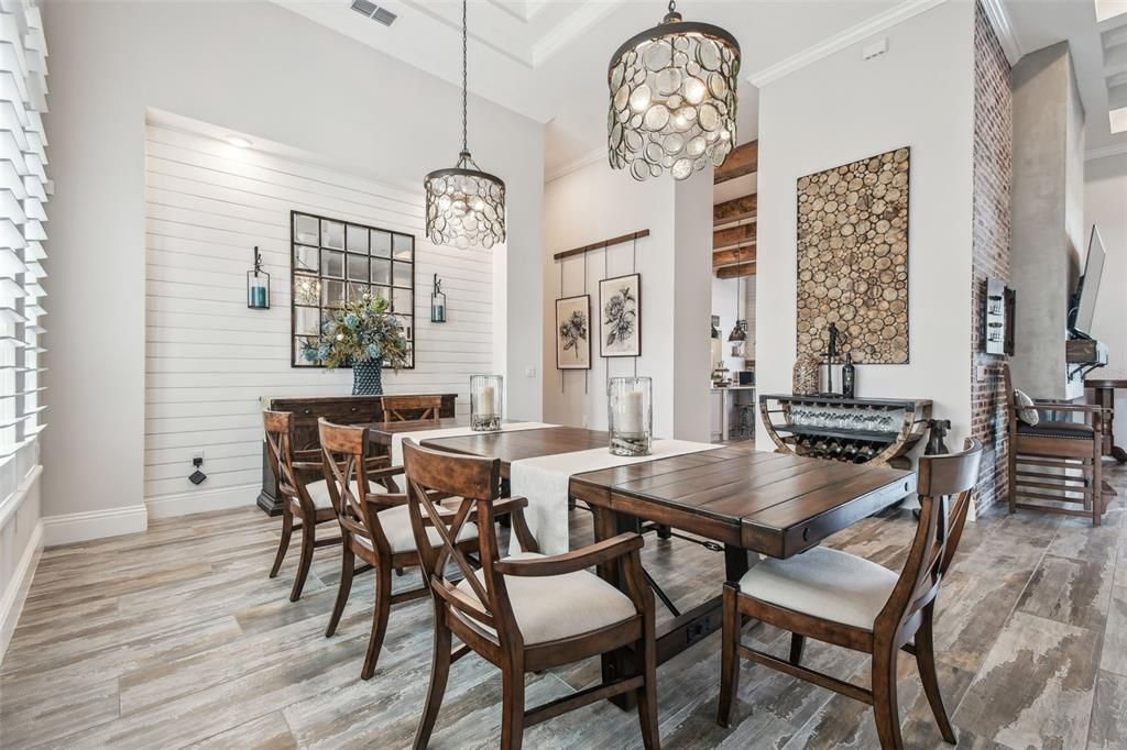 Chandelier, Dining room, Interior, Pendant Lights, Wood Texture Flooring