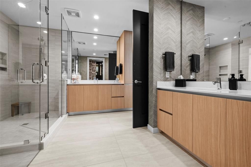 Bathroom, Dual Sink Vanities, Glass Shower, Interior, Recessed Lighting