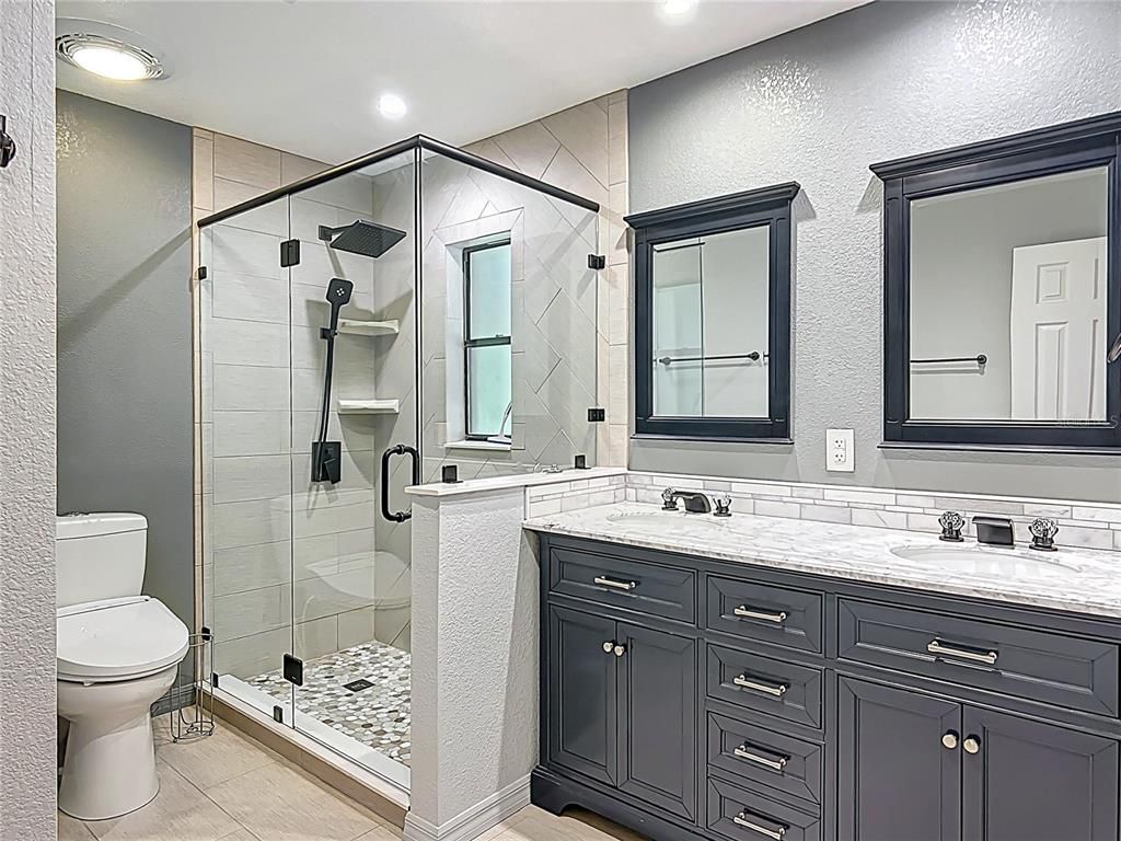 Bathroom, Dual Sink Vanities, Glass Shower, Interior, Recessed Lighting