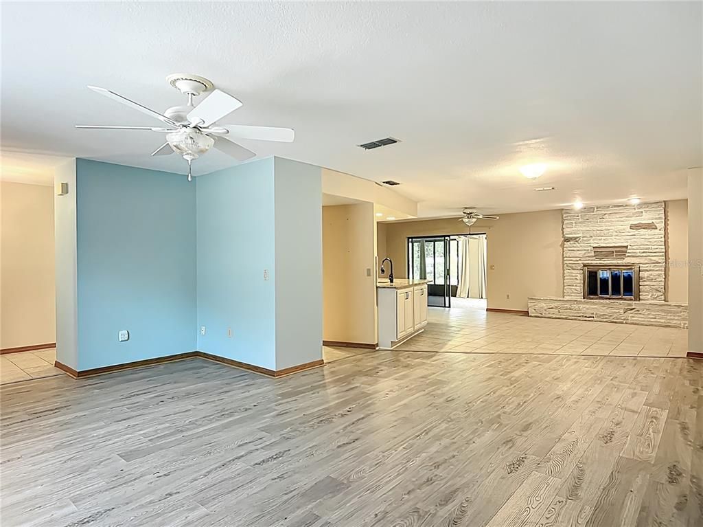 Empty room, Fireplace, Interior, Stone Walls, Wood Texture Flooring
