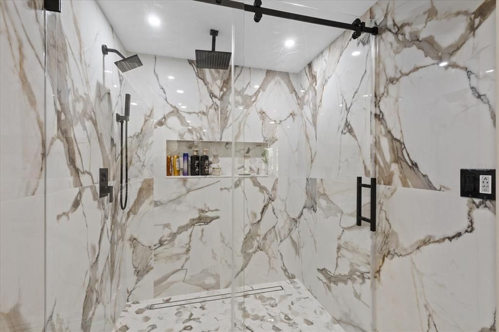 Bathroom, Glass Shower, Interior, Marble Walls, Recessed Lighting