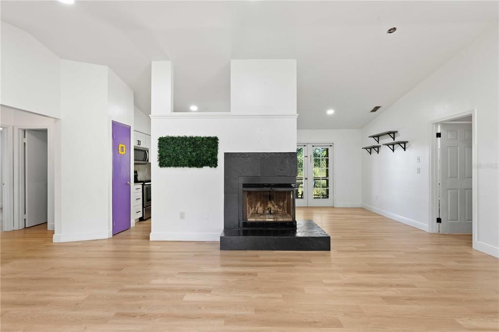 Empty room, Fireplace, Interior, Recessed Lighting, Wood Texture Flooring
