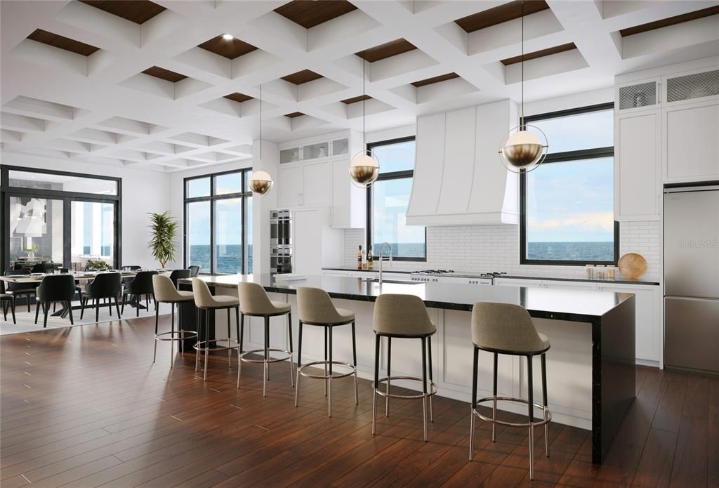 Interior, Kitchen, Pendant Lights, Stainless Steel Appliances, Water, Wood Texture Flooring
