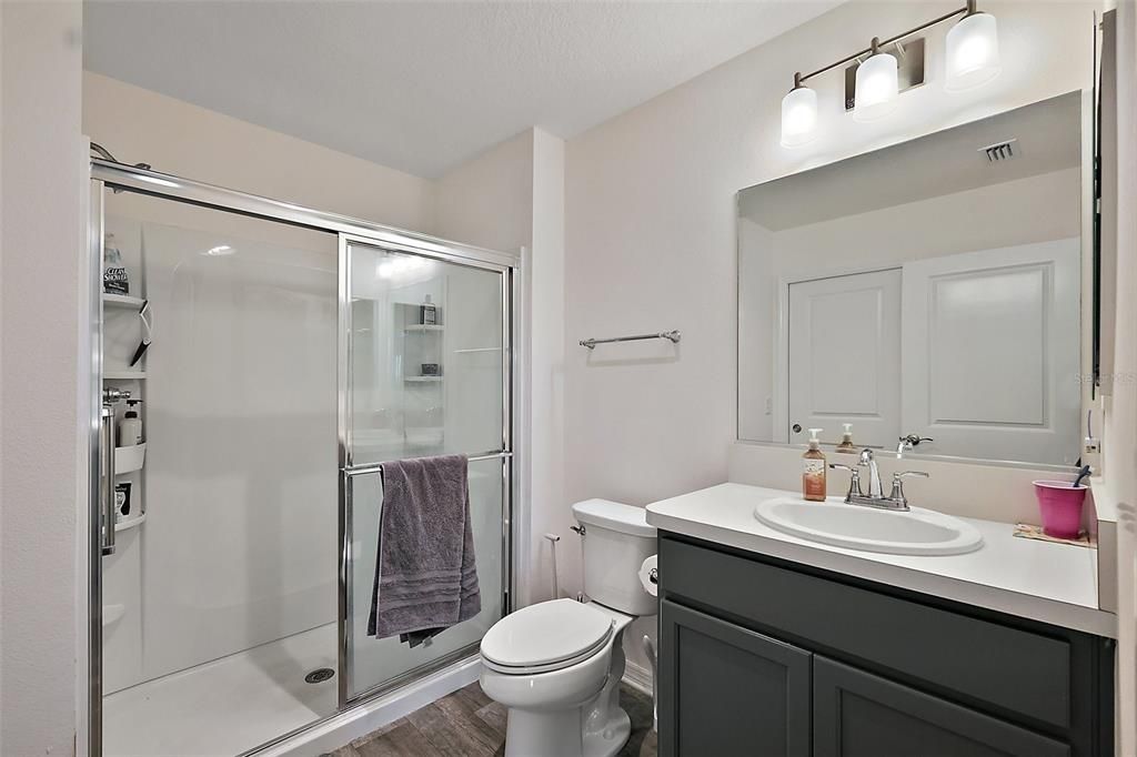 Bathroom, Glass Shower, Interior, Wood Texture Flooring