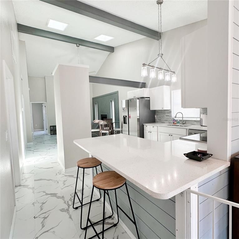 Interior, Kitchen, Marble, Pendant Lights, Stainless Steel Appliances, Wooden Beams