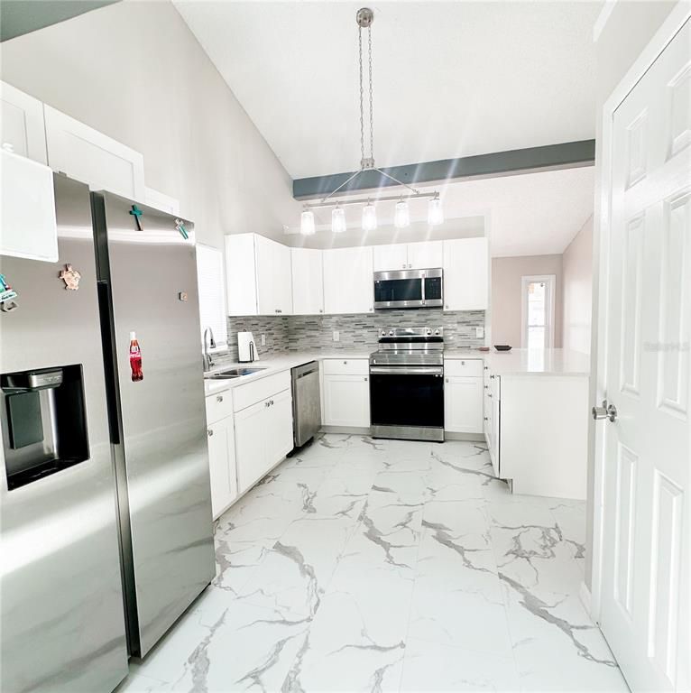 Interior, Kitchen, Marble, Pendant Lights, Stainless Steel Appliances