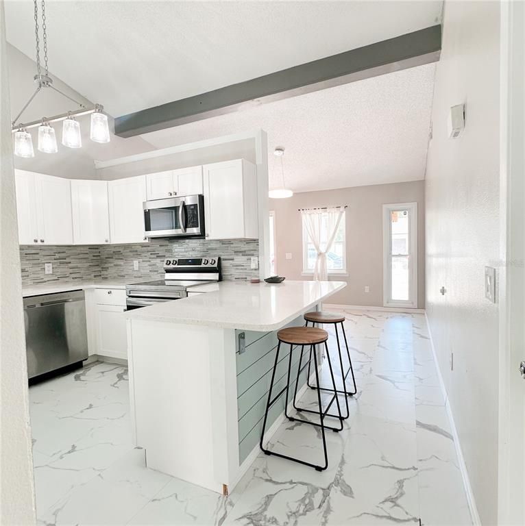 Interior, Kitchen, Marble, Pendant Lights, Stainless Steel Appliances