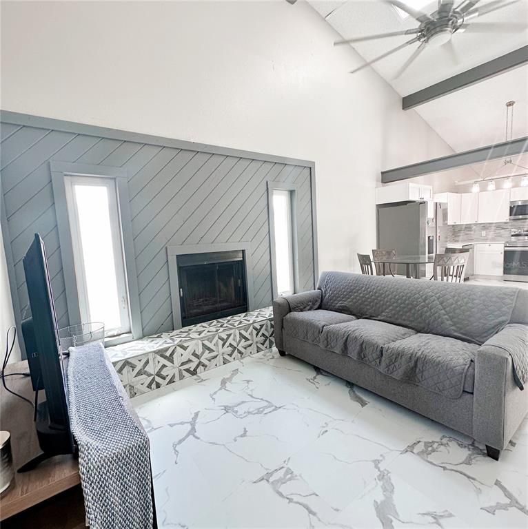 Dining room, Fireplace, Interior, Kitchen, Living room, Marble