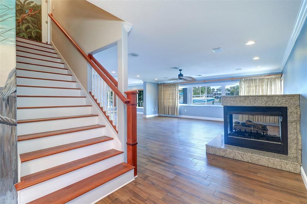 Fireplace, Interior, Recessed Lighting, Wood Texture Flooring