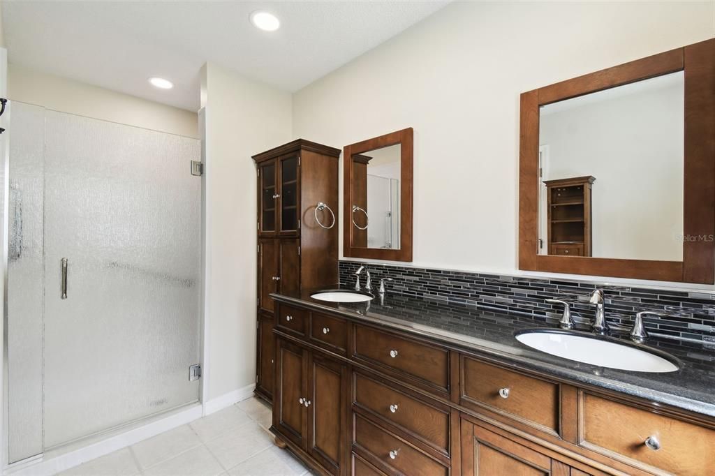 Bathroom, Dual Sink Vanities, Glass Shower, Interior, Recessed Lighting