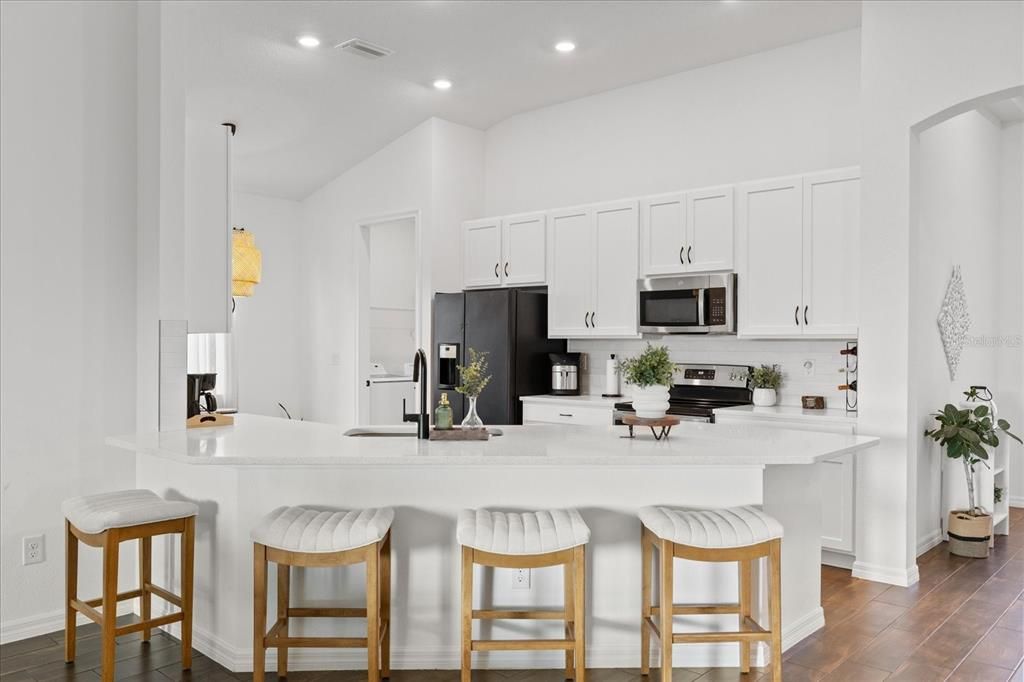 Interior, Kitchen, Pendant Lights, Recessed Lighting, Wood Texture Flooring