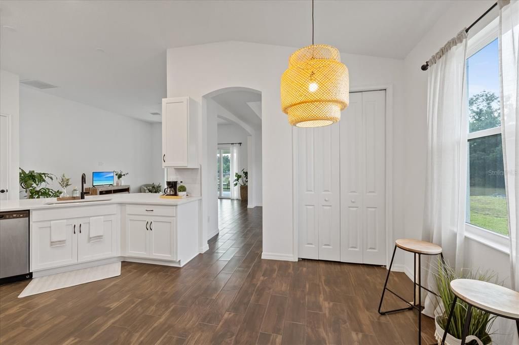Interior, Kitchen, Pendant Lights, Wood Texture Flooring