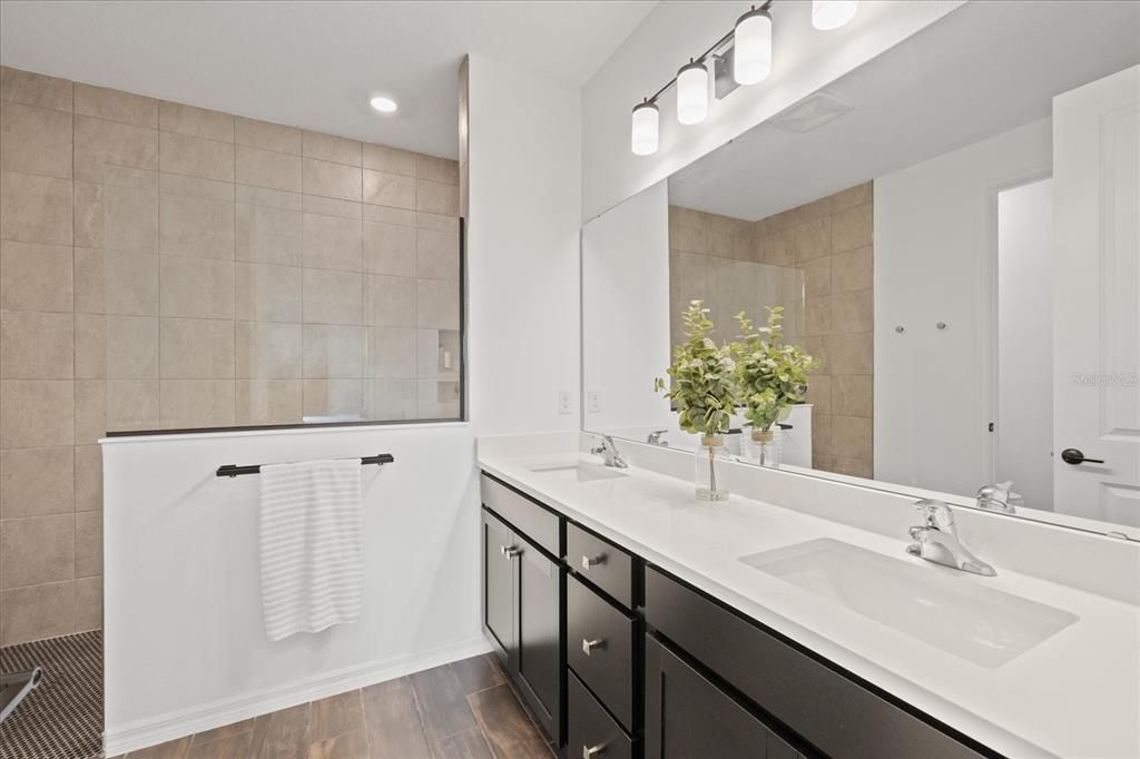Bathroom, Dual Sink Vanities, Interior, Recessed Lighting, Wood Texture Flooring
