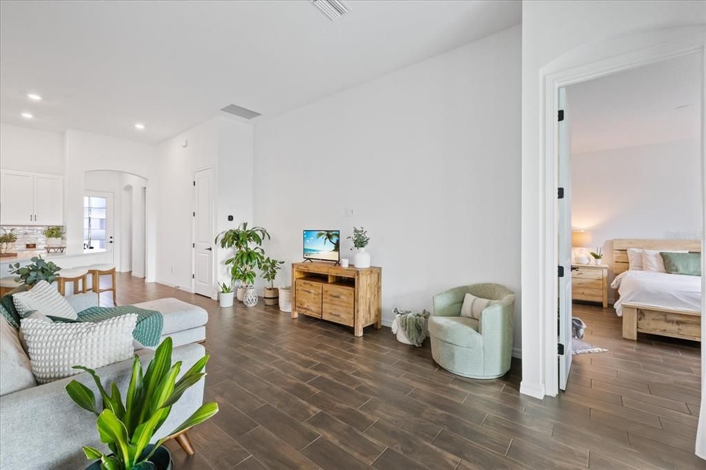 Bedroom, Interior, Recessed Lighting, Wood Texture Flooring