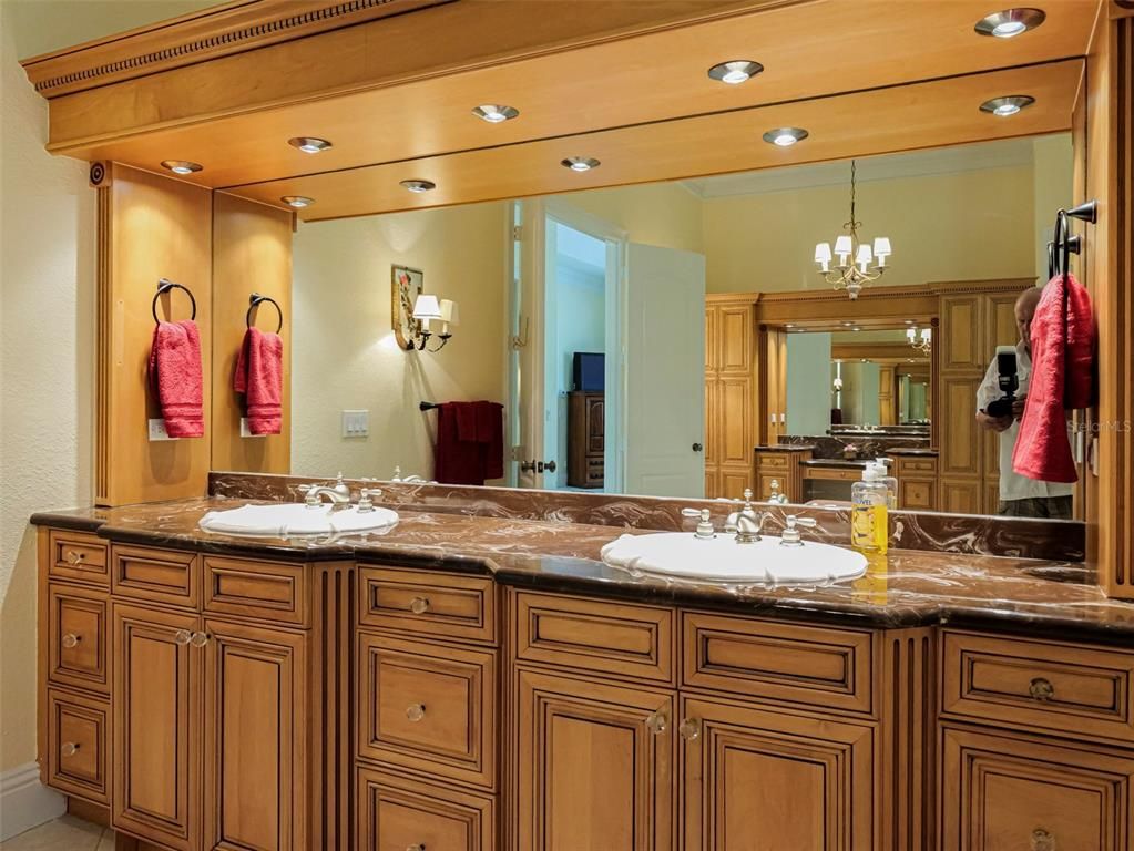 Bathroom, Chandelier, Dual Sink Vanities, Interior, Recessed Lighting