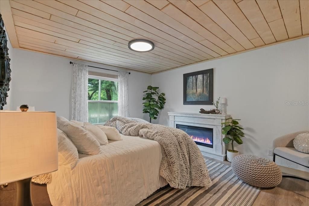 Fireplace, Interior, Living room, Recessed Lighting, Wooden Ceilings, Wood Texture Flooring